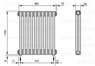 Схема (чертеж) Радиатор Zehnder Charleston 2110/10 №3570 Белый глянцевый RAL 9016